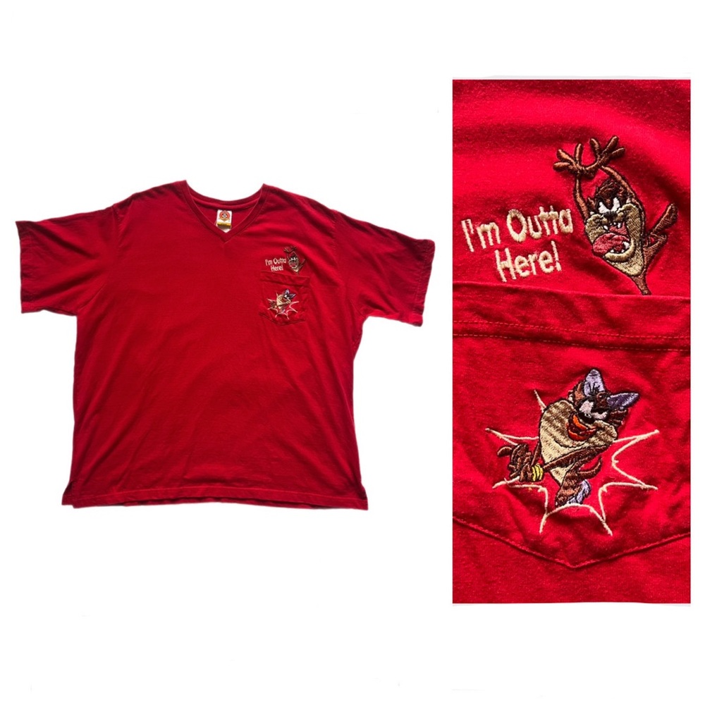 Vintage Warner Bros Looney Toons Taz Red Pocket T-Shirt - Size XXL
